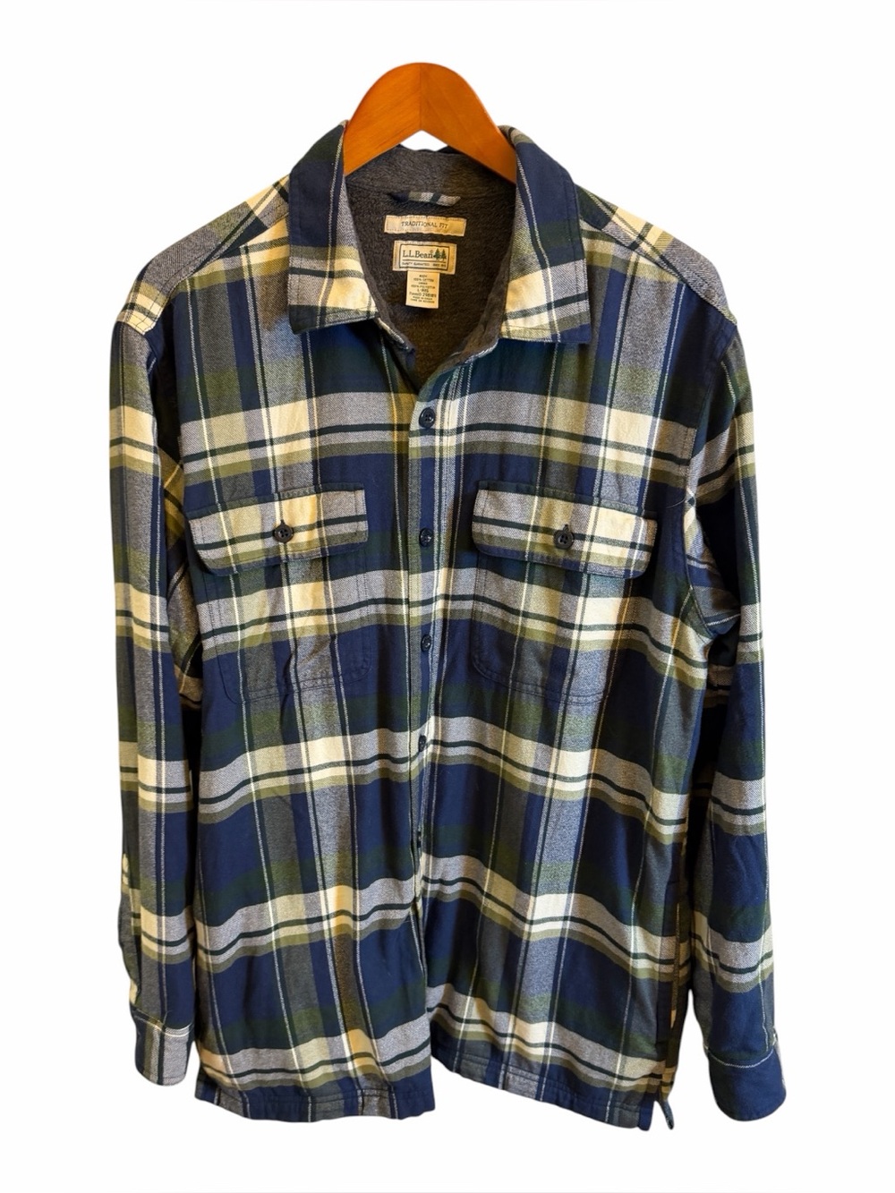 L.L.Bean Men’s Large Fleece Lined Flannel Shirt Jacket Blue Green Plaid L Reg